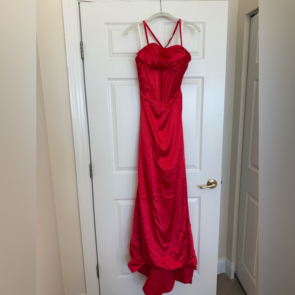 Red Satin Dress, lace up back, Mermaid Formal Evening